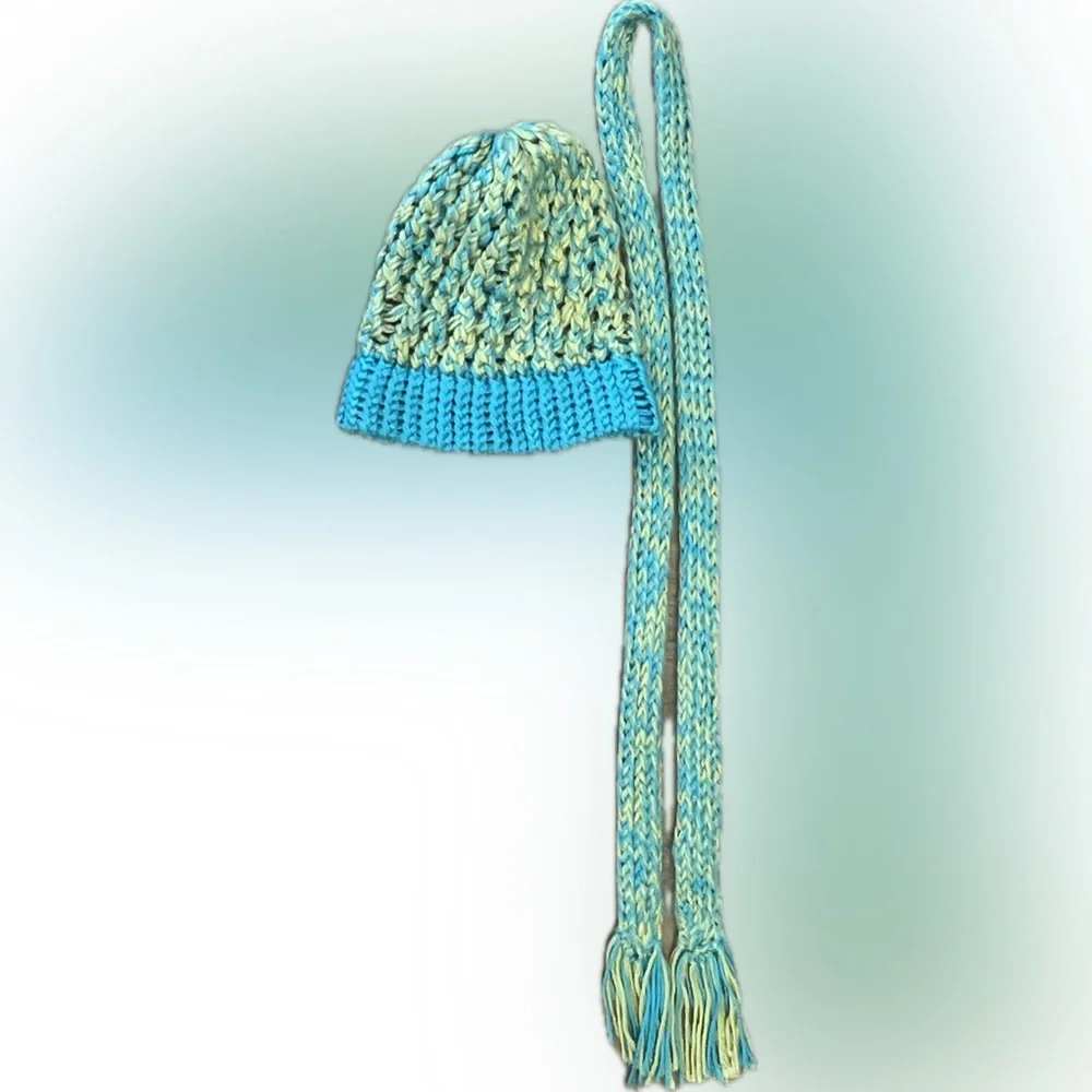 New Blue Green Handmade Knit Beanie Scarf Band Stocking Cap Headwear Hat Winter